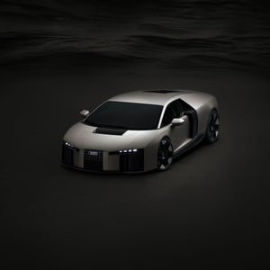Elevated three-quarter front view of the Audi Nuvolari in a darkened room.