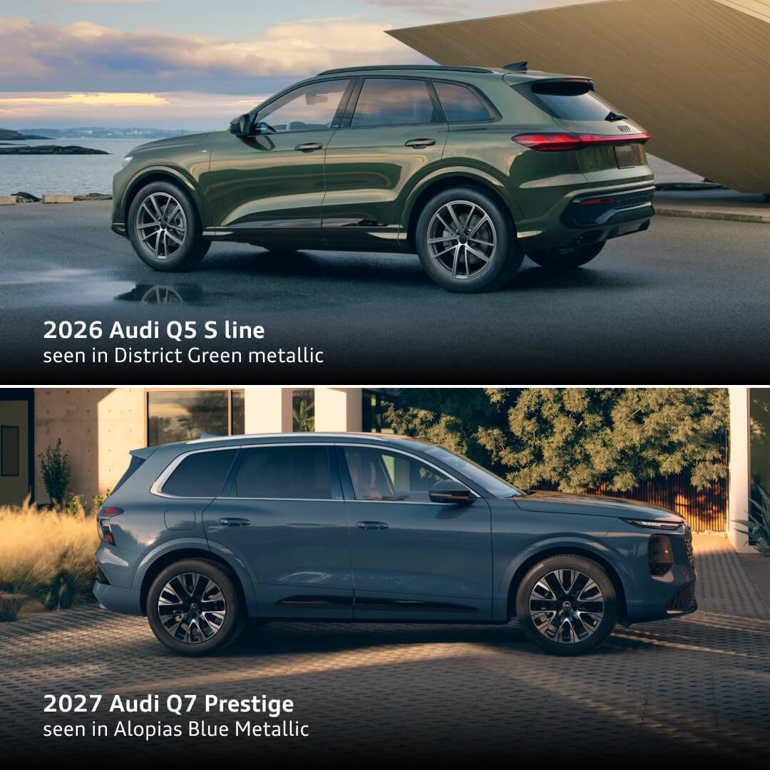 Top: 2026 Audi Q5 S line in District Green Metallic. Bottom: 2027 Q7 Prestige in Alopias Blue Metallic both on side profile.