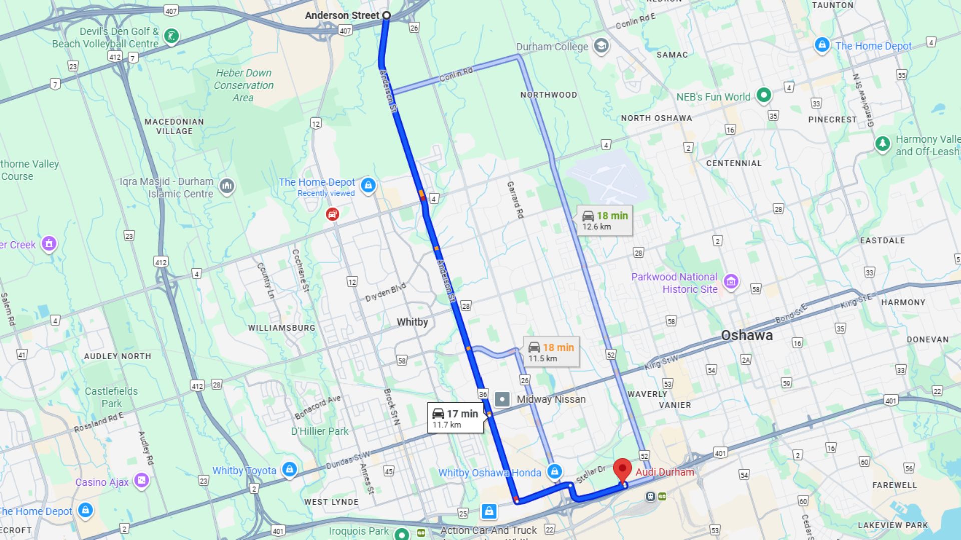 map from brooklin to audi durham
