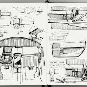 Sketches and notes of different aspects of the Audi Nuvolari in a notebook.