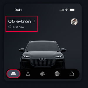 Vehicle tab in bottom left is highlighted along with vehicle model name in the top left of the app.