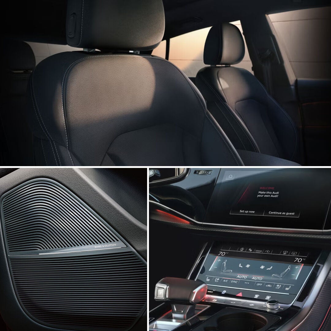 Split image of 2027 Audi Q8 interior features including front seat fabric, Bang and Olufsen speakers and MMI touch response touchscreen.