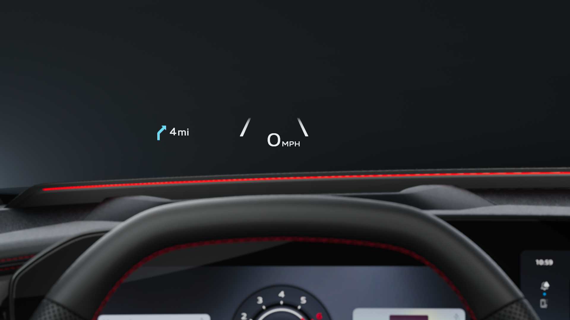 Close-up of the driver's view of the steering wheel and head-up display.
