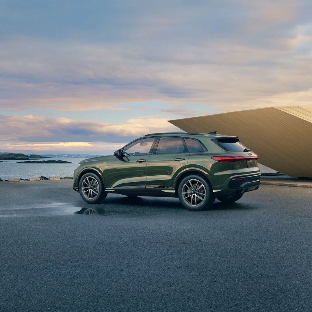 Rear three-quarter view of a green Audi Q5 parked beside a coastal structure at dusk.