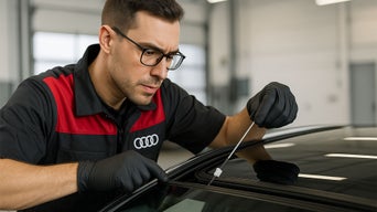 Service technician cleaning sunroof drain