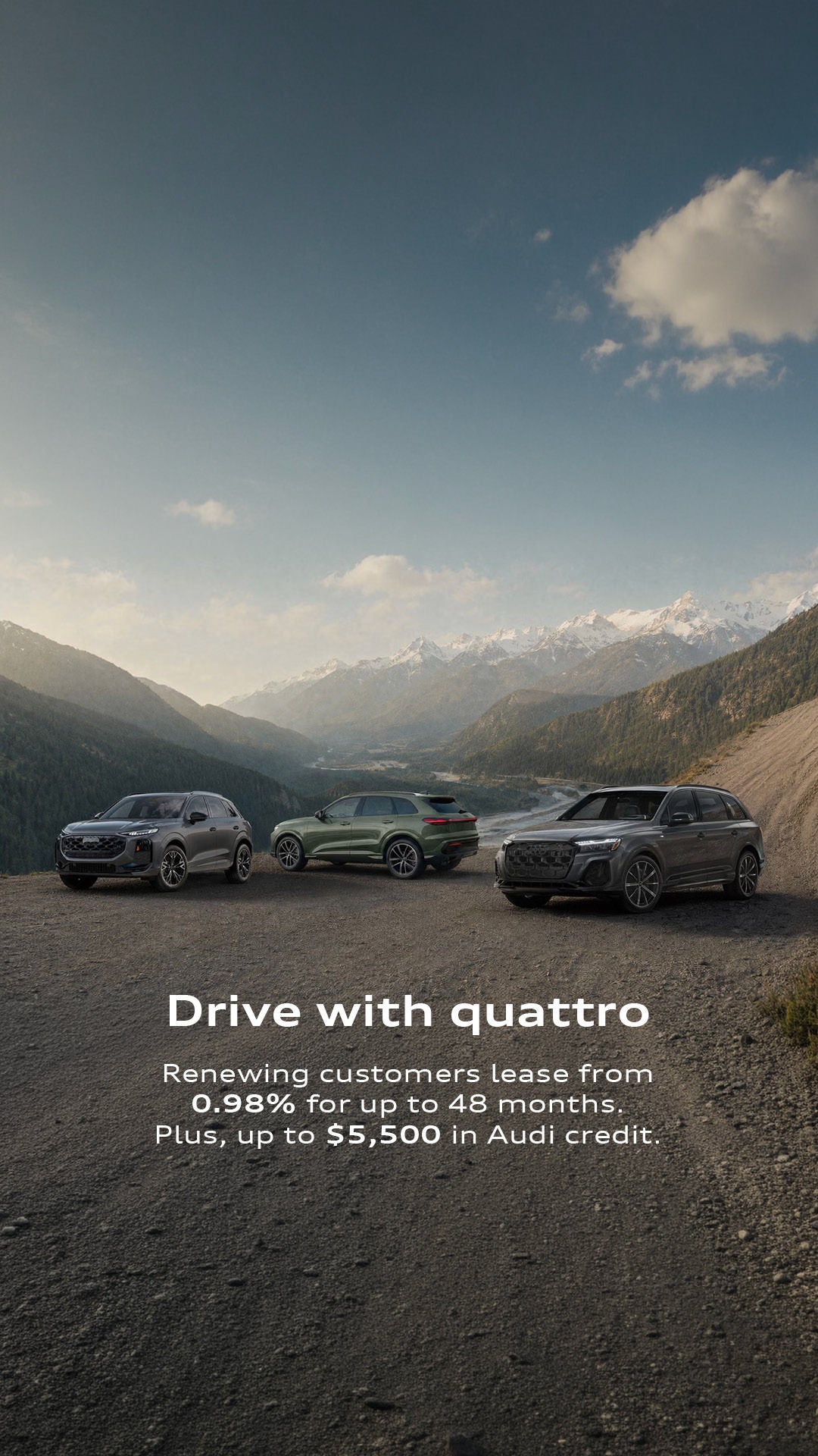 Three Audi cars in profile, side by side.