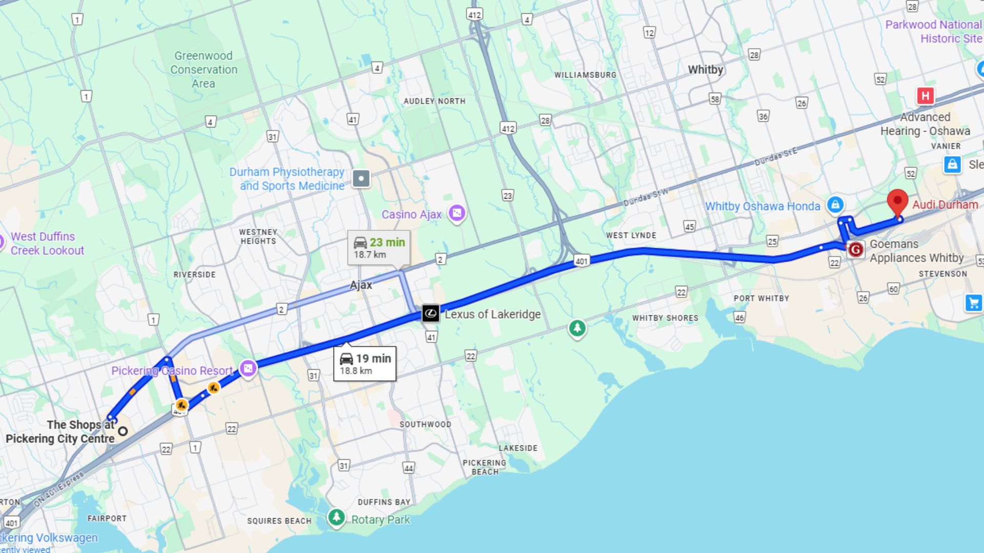 map from pickering town centre to audi durham 