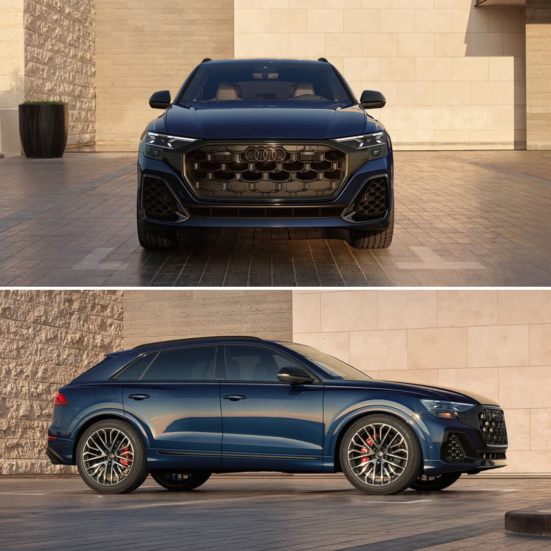 Exterior front and side views of a 2026 Audi SQ8 parked in front of a modern brick building.