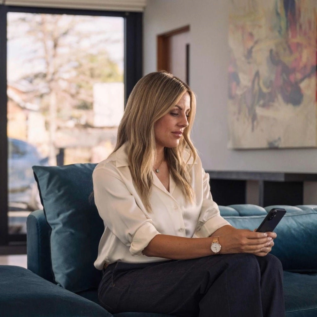 Woman sitting in an Audi service center waiting room.