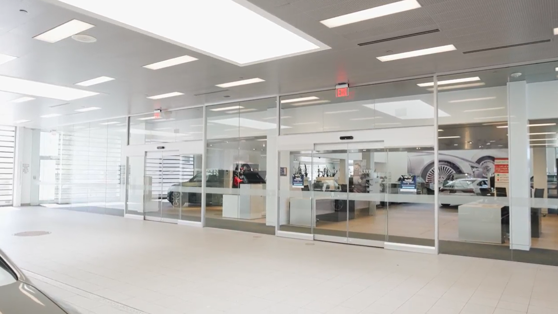 View of the entrance to an Audi dealership.