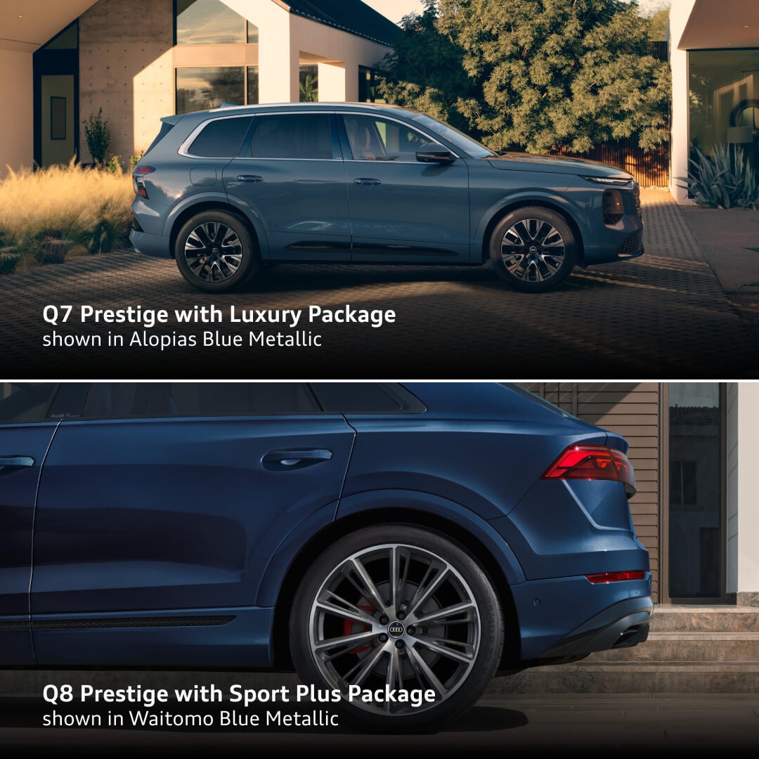 Top: 2027 Audi Q7 Prestige Luxury Package in Alopias Blue side view. Bottom: Q8 Prestige Sport Plus in Waitomo Blue, rear side detail.