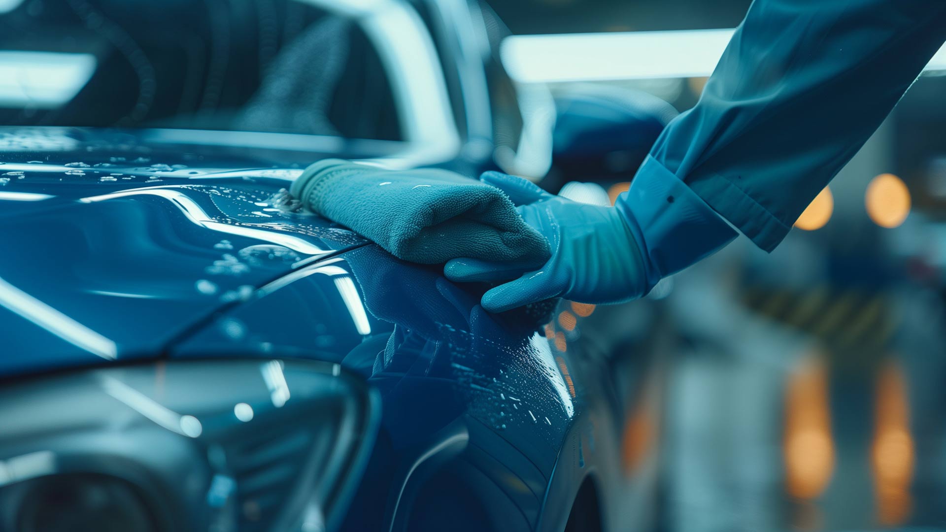 Close-up view of a vehicle being cleaned with a microfiber cloth.