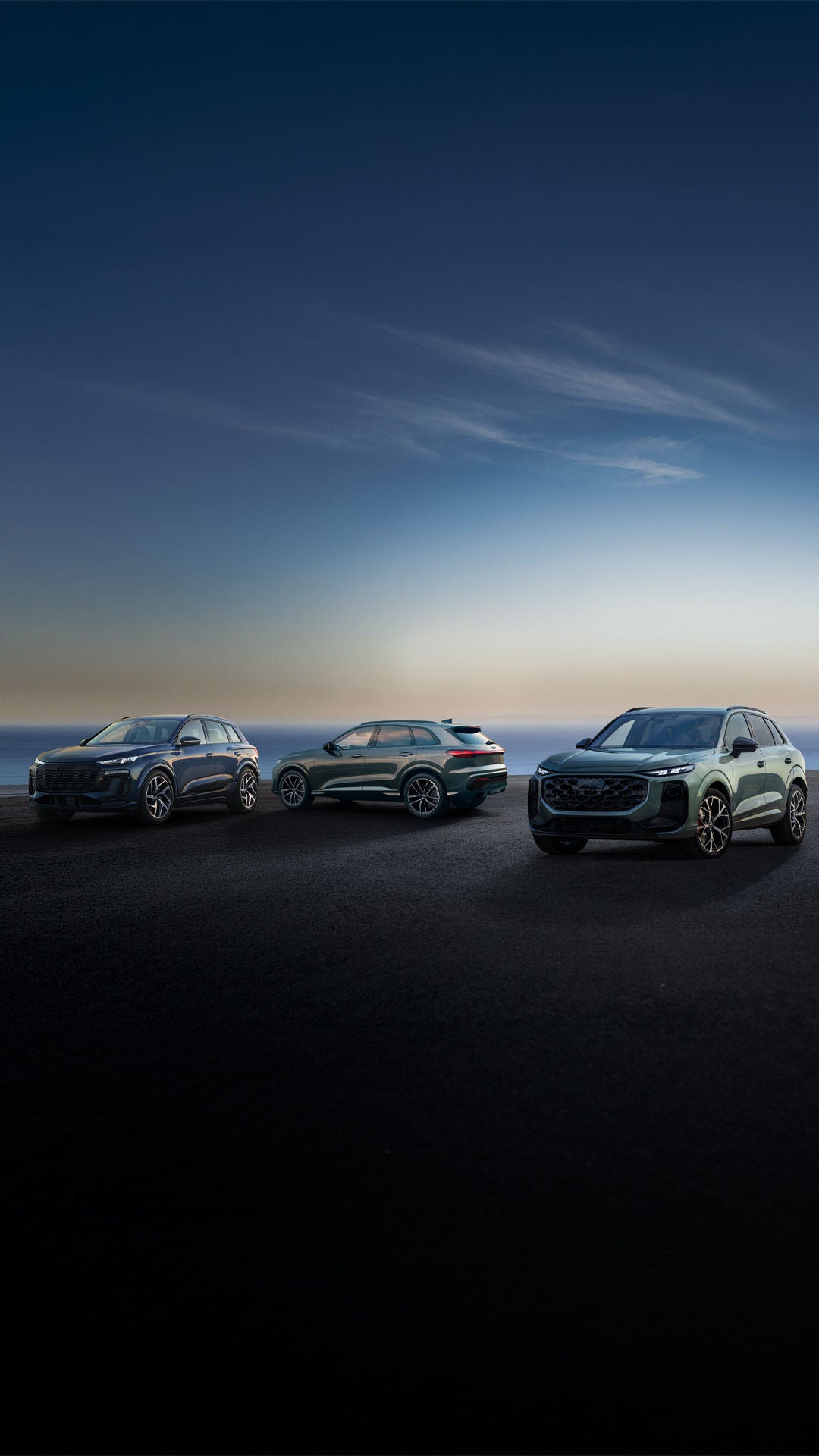 Image of the Audi Q3, Q5, and Q6 e-tron parked. 