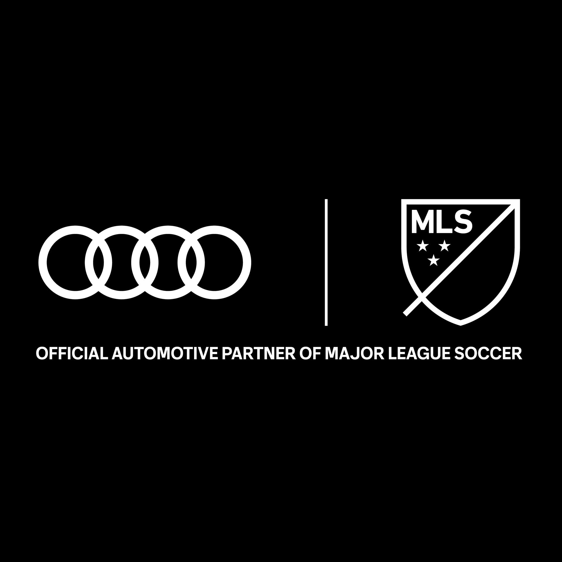 The Major League Soccer and Audi logos in white on a black background