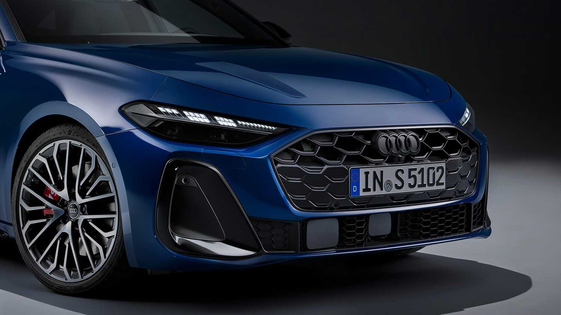 Détail du pare-chocs avant de l’Audi A5, présenté en vue de trois quarts.