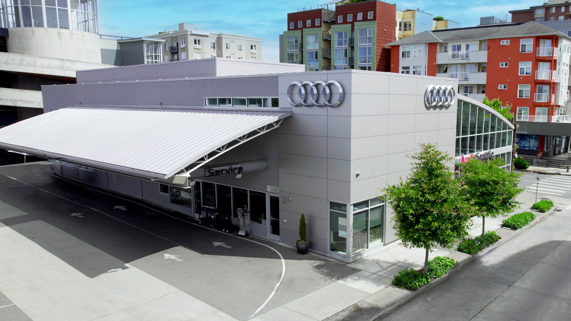 Outside view of dealership in city