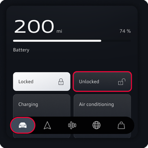 The vehicle tab is highlighted bottom left of the image while the unlocked button is highlighted in the center right.