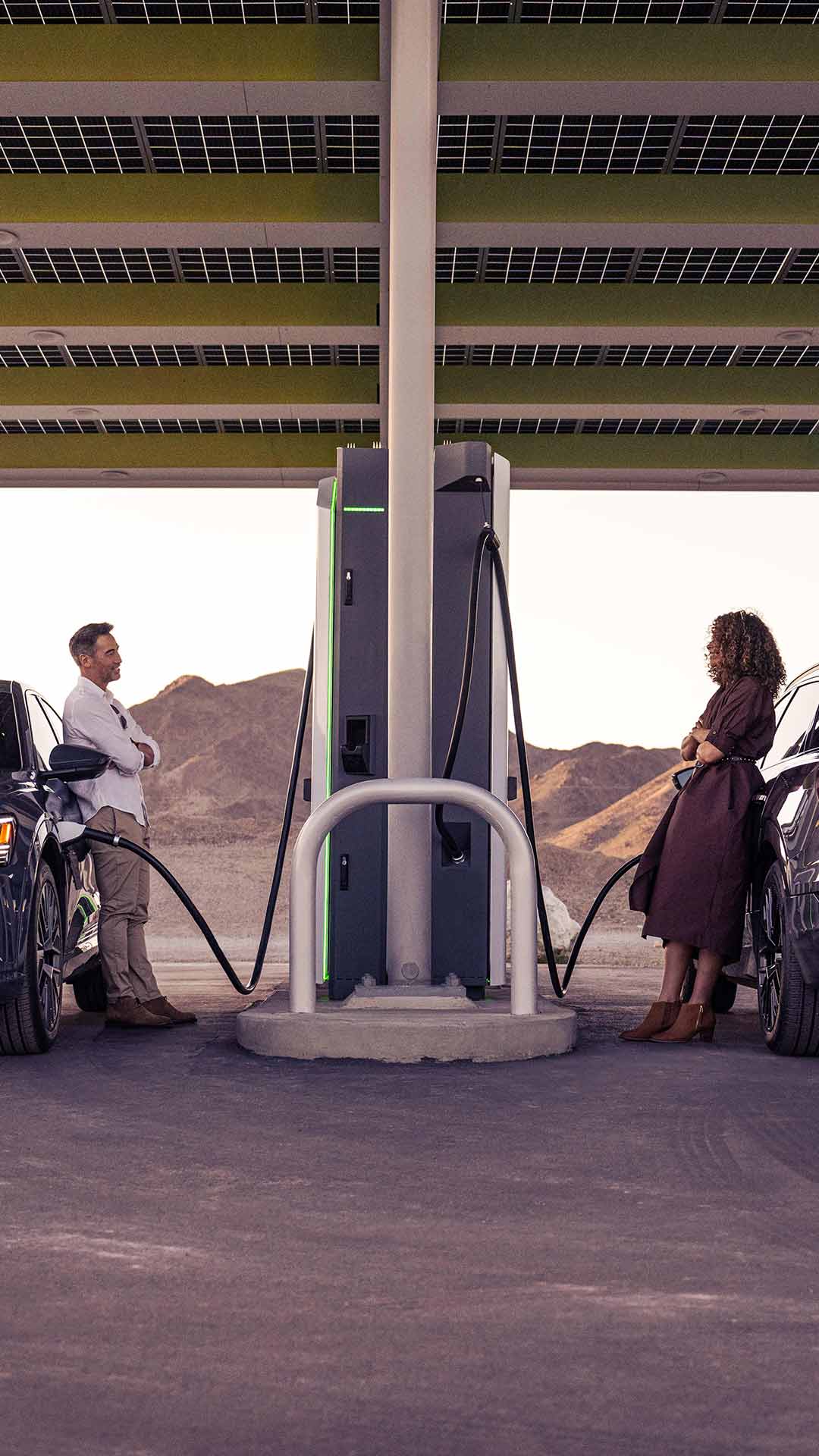 Two people chatting with each other across the gas pump.
