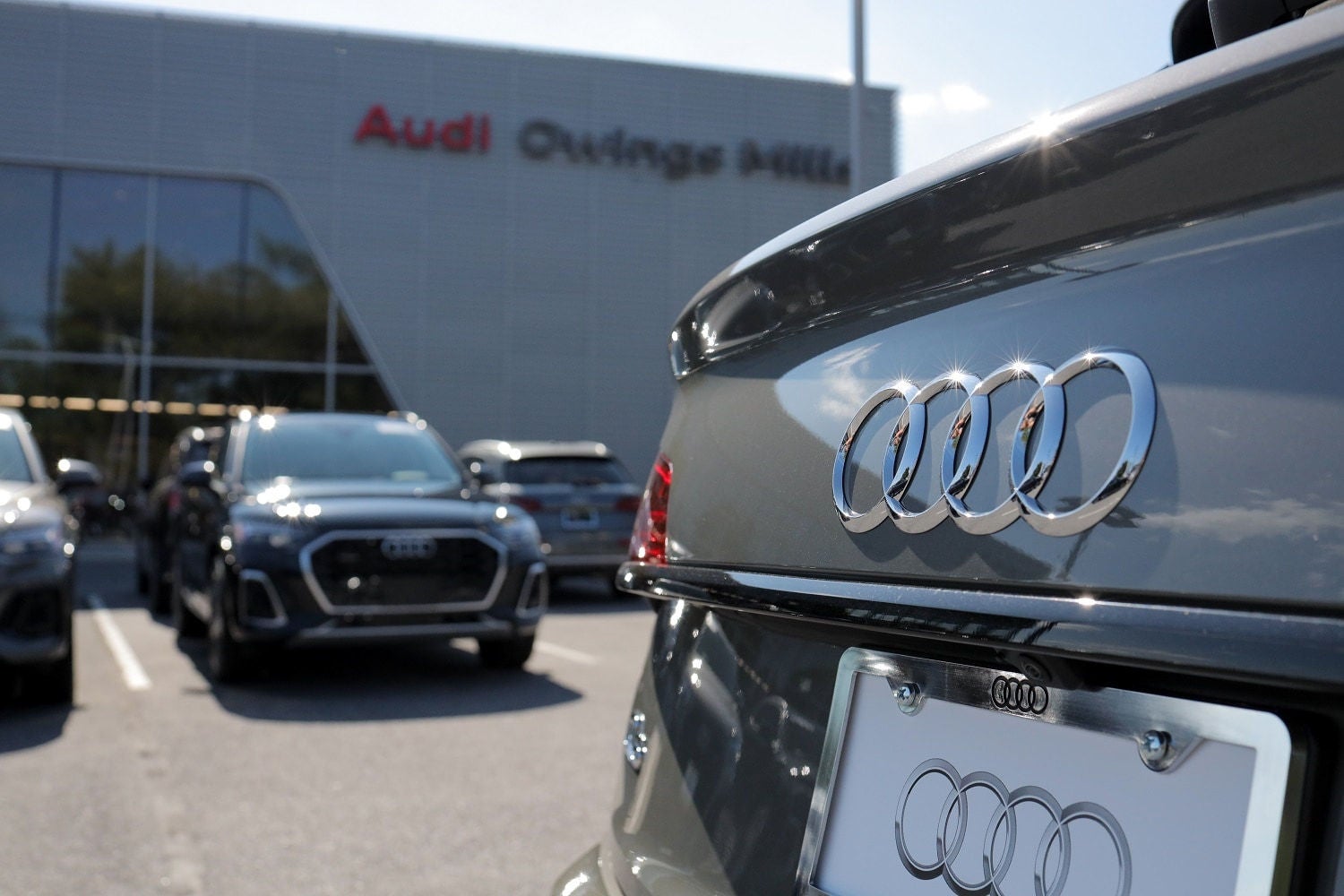 Close up of Audi car in front of Owings Mills dealership