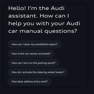 The screen shows various preset Audi Assistant questions such as: "How can I clean my windshield wipers?."