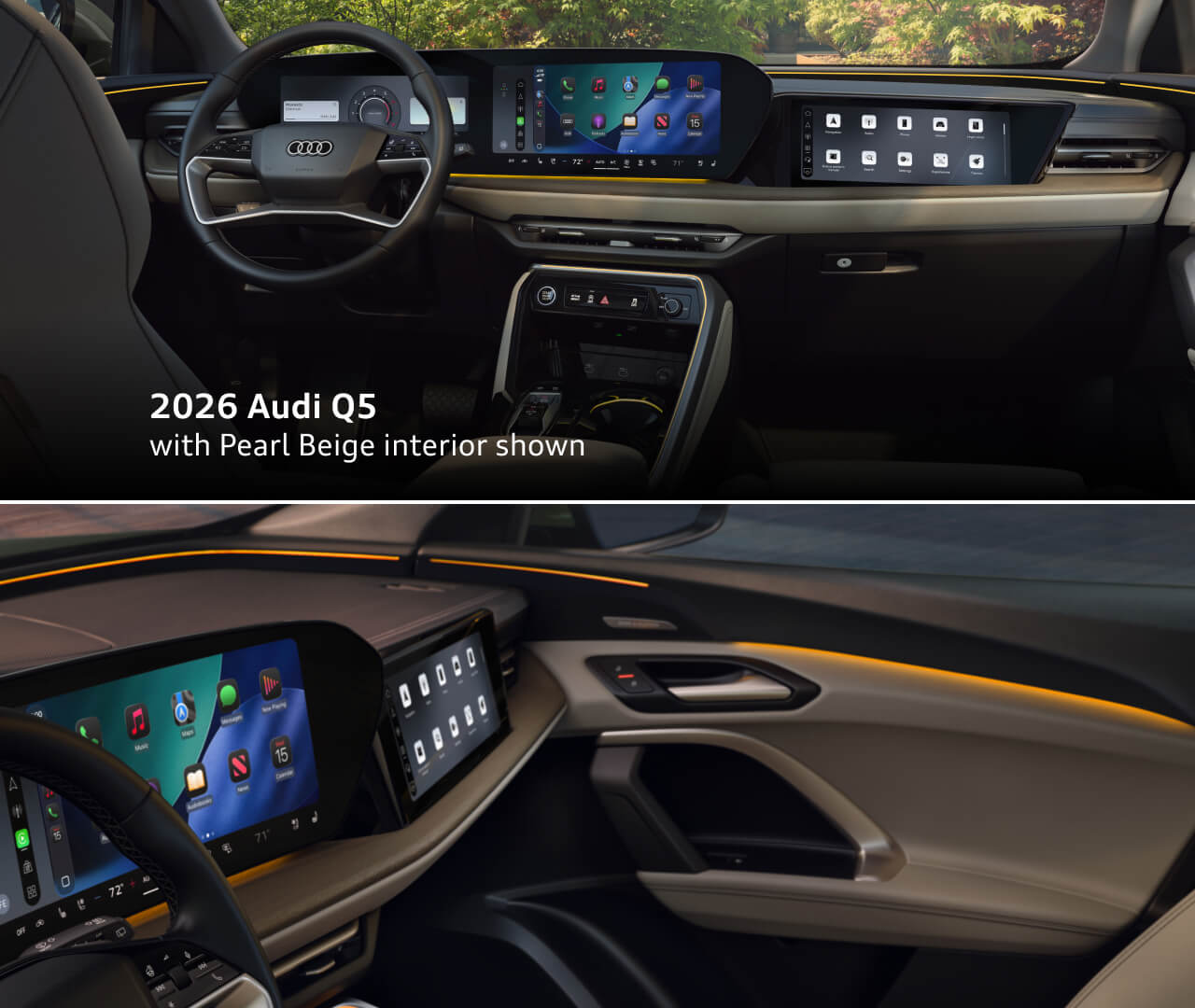 Rear three-quarter view of a 2026 Audi A5 Prestige in Daytona Gray pearl