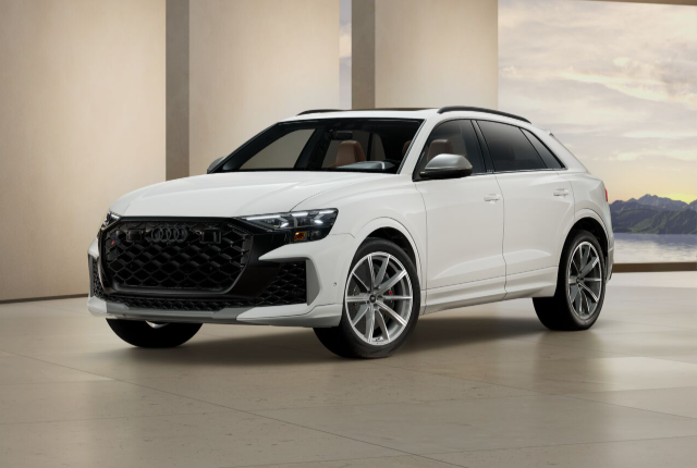 2026 Audi RS Q8 performance SUV displayed in a modern showroom setting