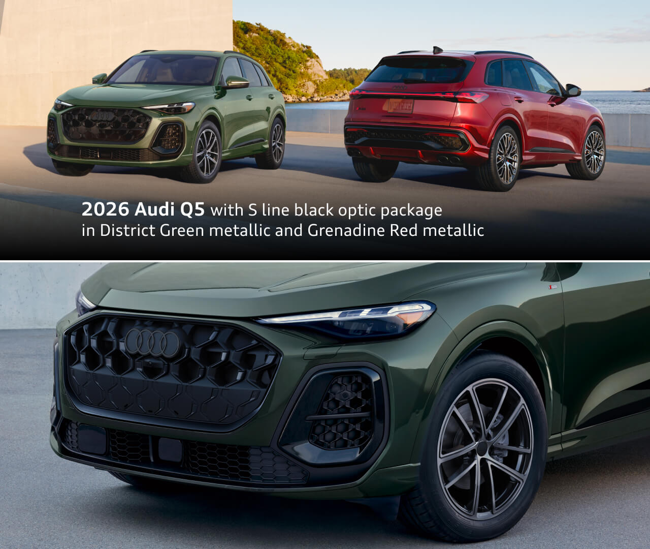 Two 2026 Audi Q5 SUVs, one in District Green Metallic and one in Grenadine Red Metallic