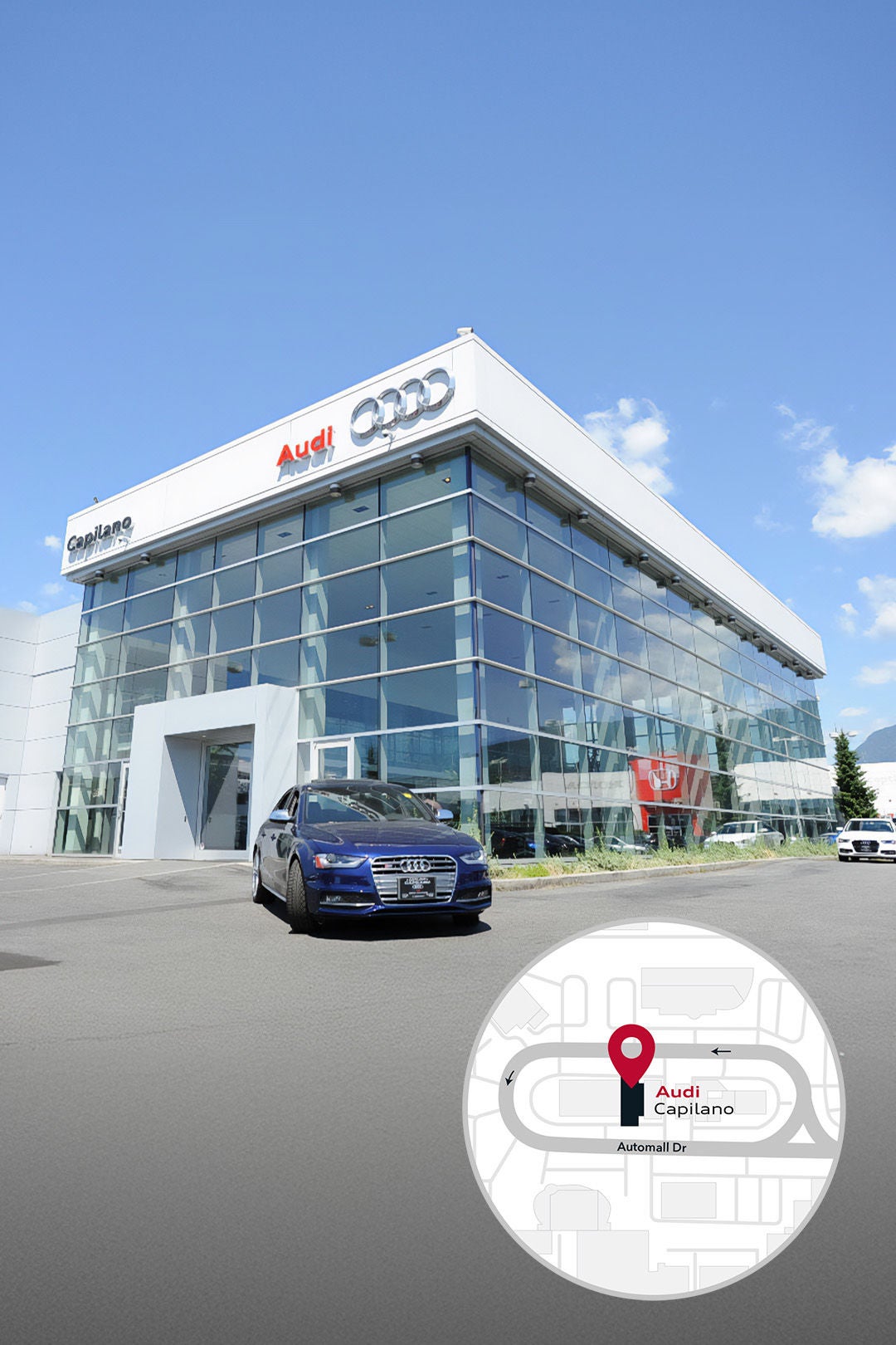 Three Audi cars parked side by side in a showroom-style garage