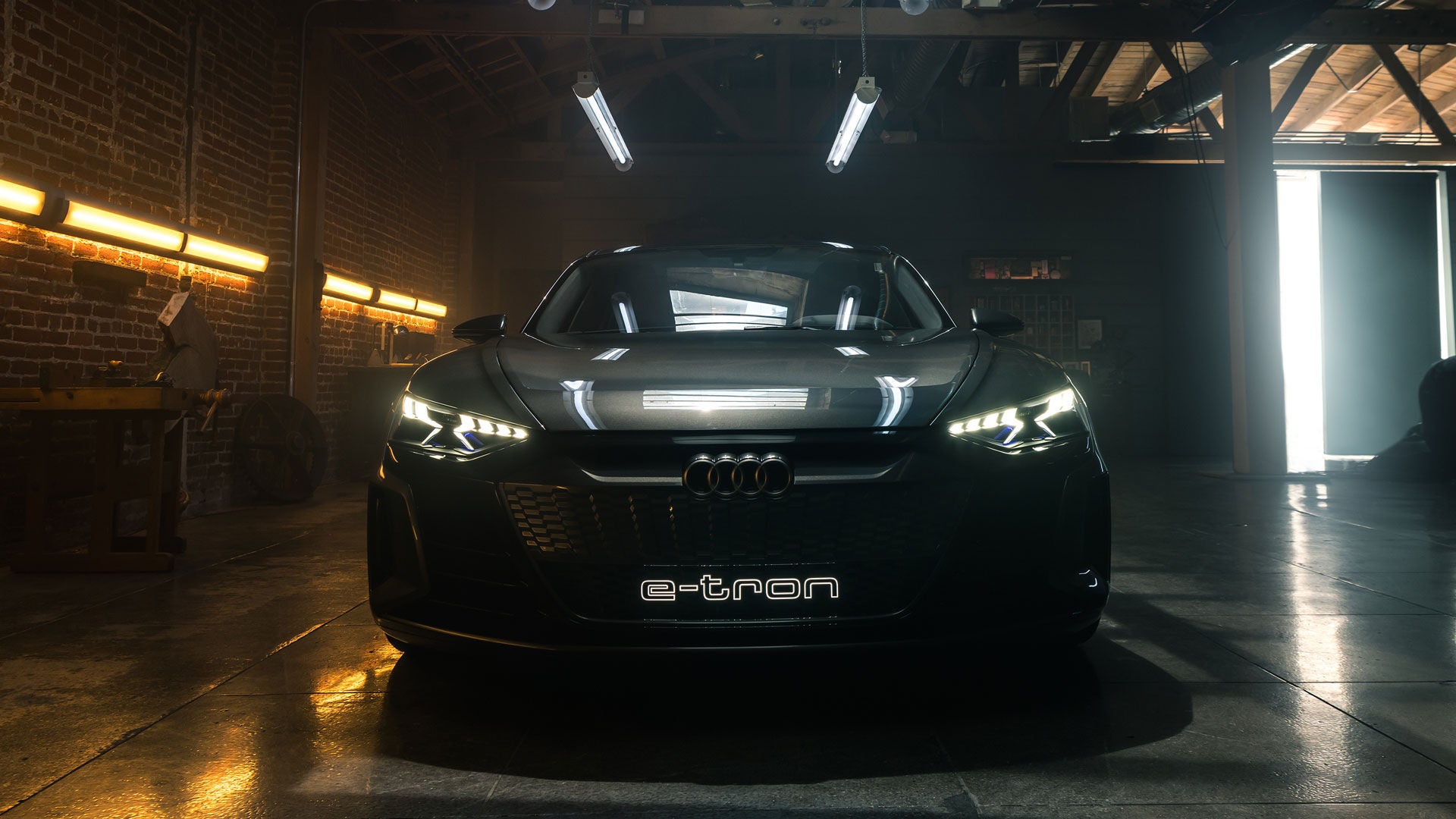 Darkened view of the front bumper on the Audi e-tron Sportback.