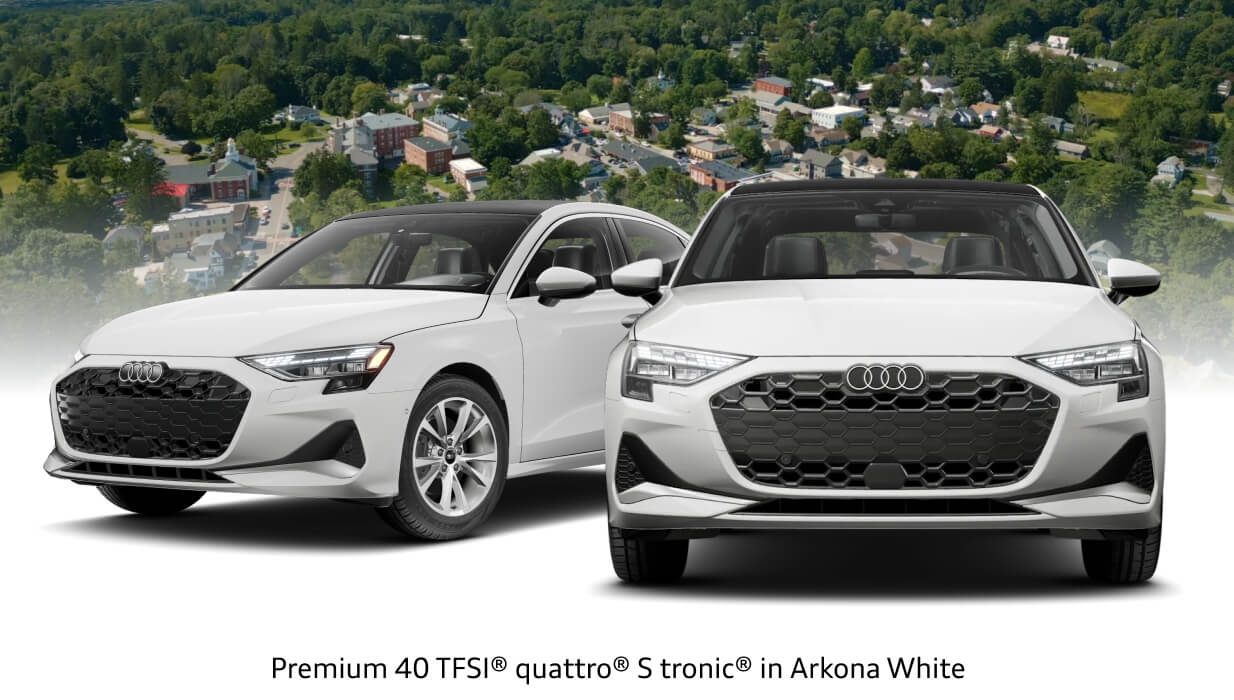 2026 Audi A3 in Arkona White imposed over a Lenox, MA background