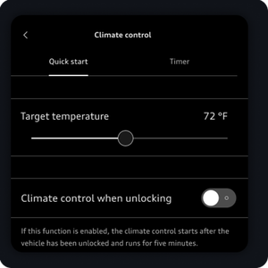 Climate control options are listed including Target Temperature and Climate control when unlocking.