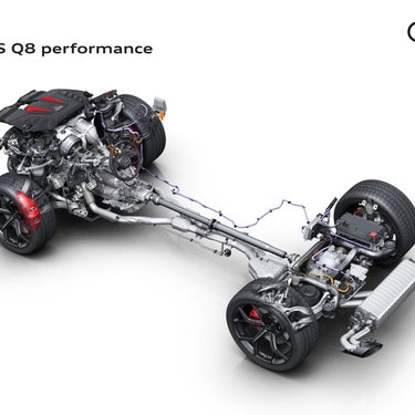 Audi RS Q8 drivetrain illustration — 4.0L biturbo V8, 48V mild hybrid system and quattro driveline at Audi Sewickley