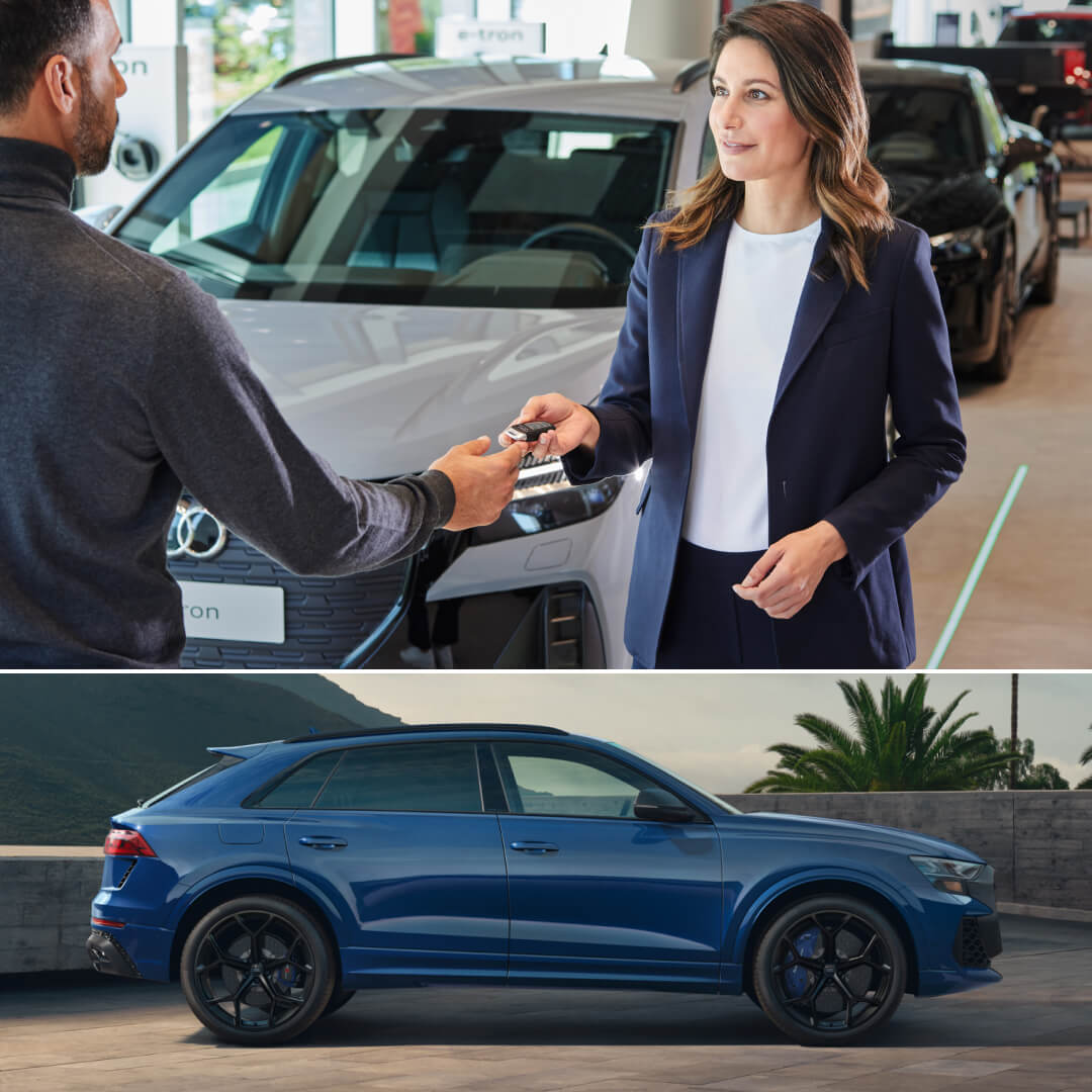 Top: Audi salesperson hands keys to customer at dealership. Bottom: 2026 Audi RS Q8 performance in Ascari Blue Metallic.