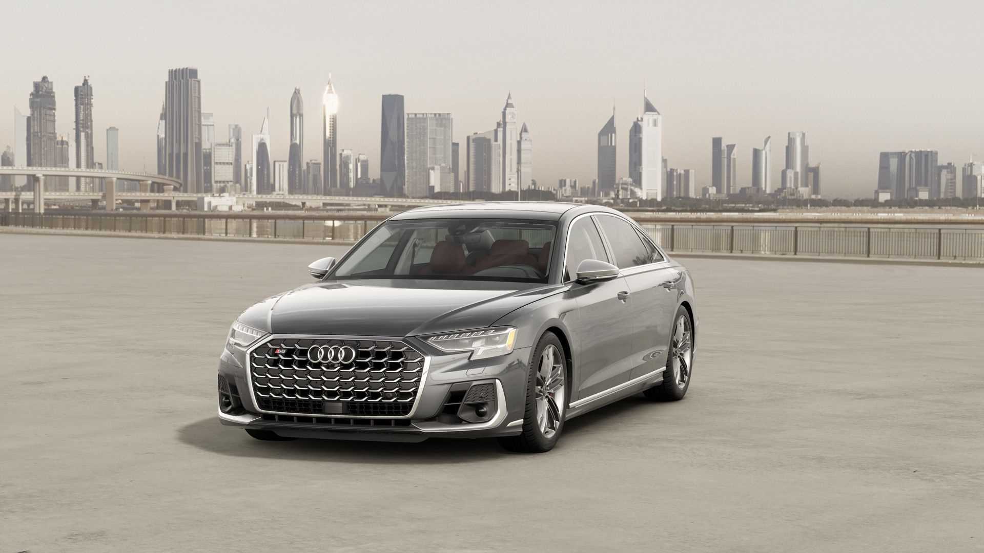 Exterior three-quarter front profile view of an Audi S8, parked.