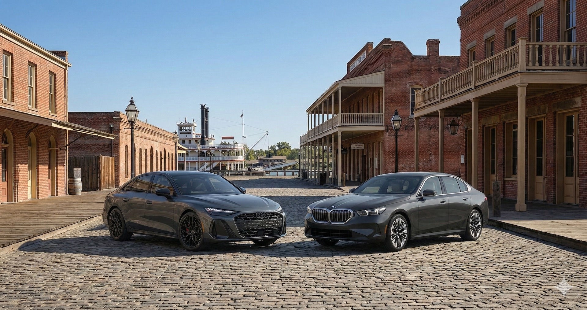 A 2026 Audi A6 and BMW A5 parked side by side in Old Sacramento with a view of Delta King riverboat in the distance