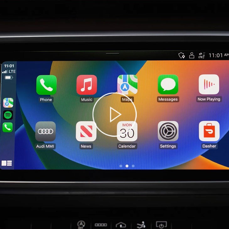 Close up on the Audi MMI displaying the Apple CarPlay feature.