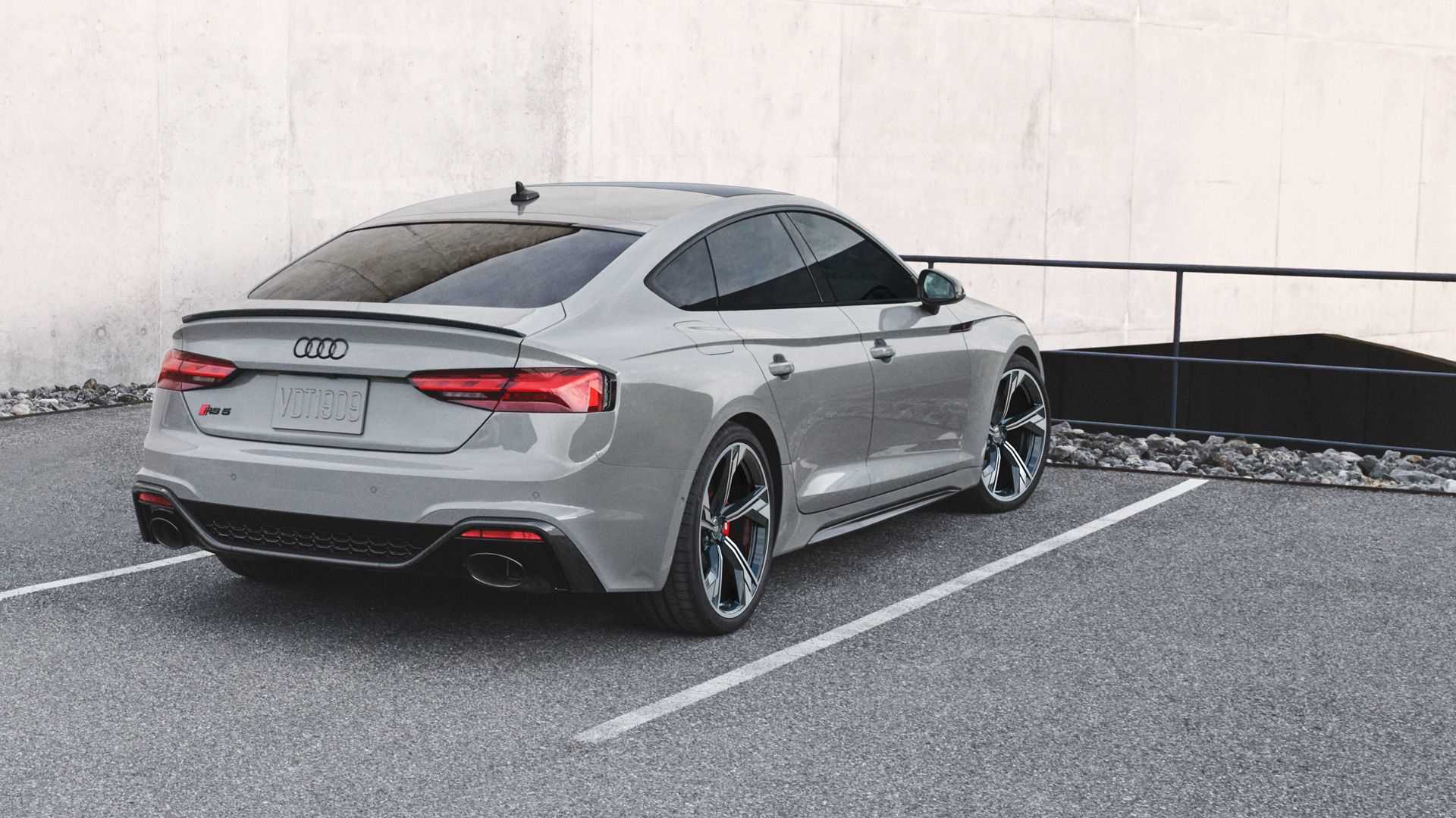 Exterior three-quarter rear view of an Audi RS-5, parked.