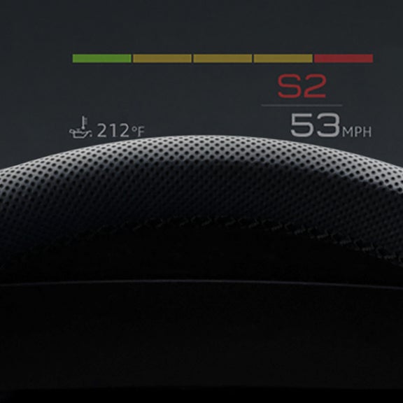 Close-up of the Audi head-up display technology in the Audi RS 3. 