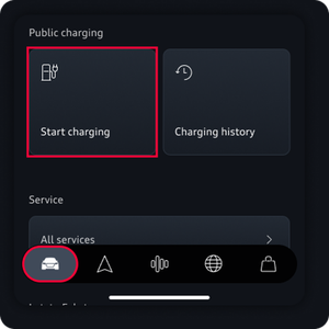 Image highlights the Vehicle tab in the bottom left of the app as well as the start charging button towards the top left.