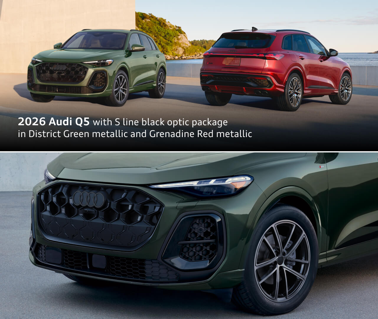 Two 2026 Audi Q5 SUVs, one in District Green Metallic and one in Grenadine Red Metallic