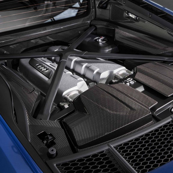 Close-up of the Carbon engine compartment on the Audi R8 Coupe.