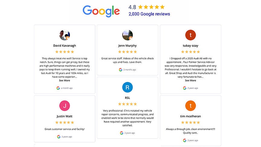 Google reviews for the Audi Service Center.