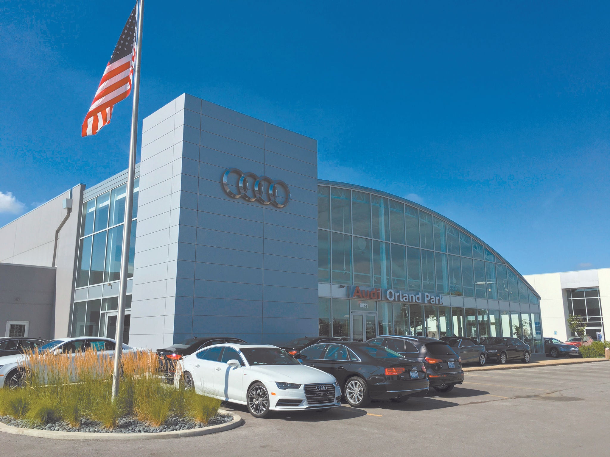 Profile view of Audi Orland Park dealership. 