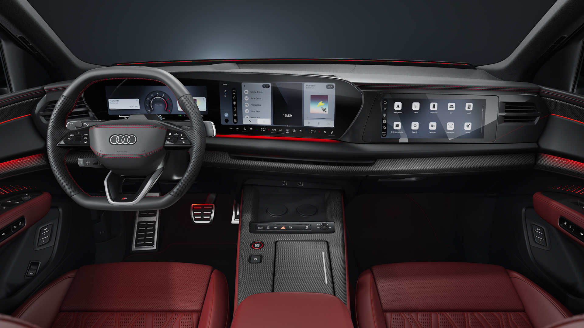 Frontal view from behind of the cockpit, sports seats, and digital displays of the Audi SQ7 SUV.