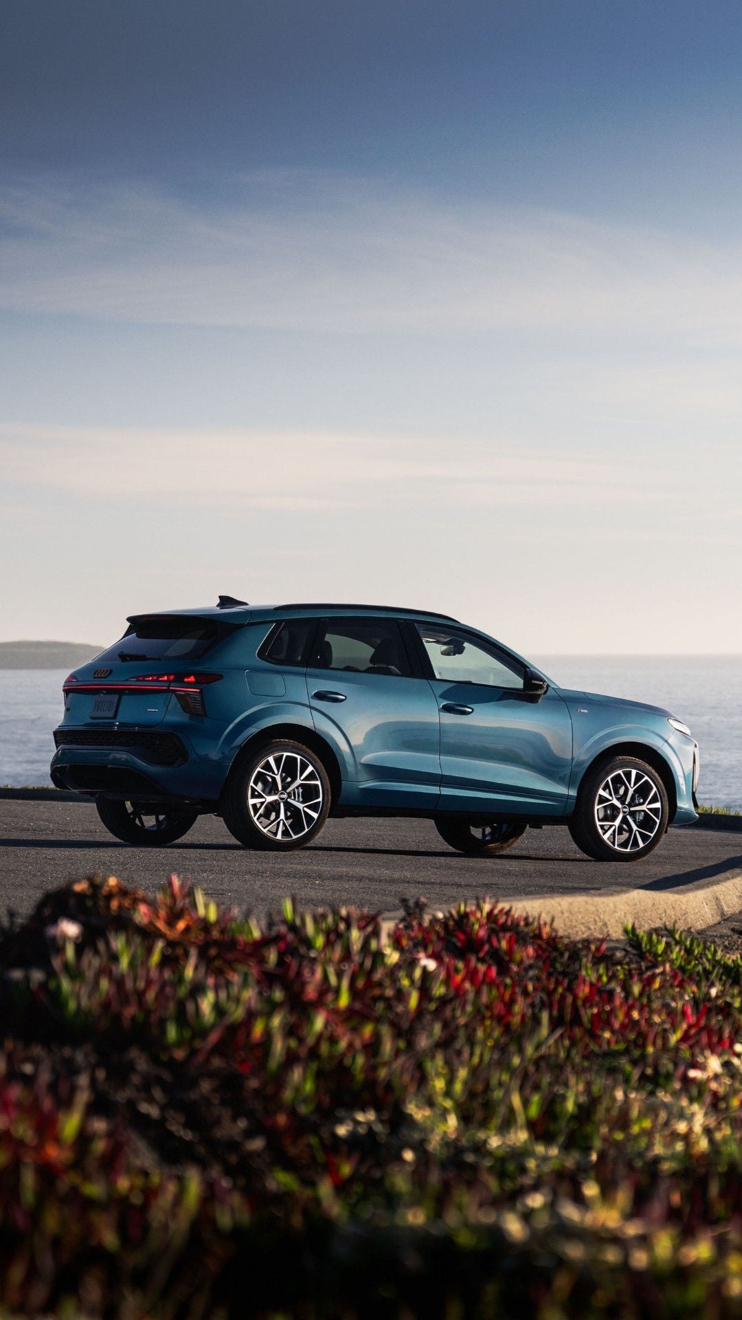 Side view of the Audi Q3 parked, overlooking a waterfront in sunlight.