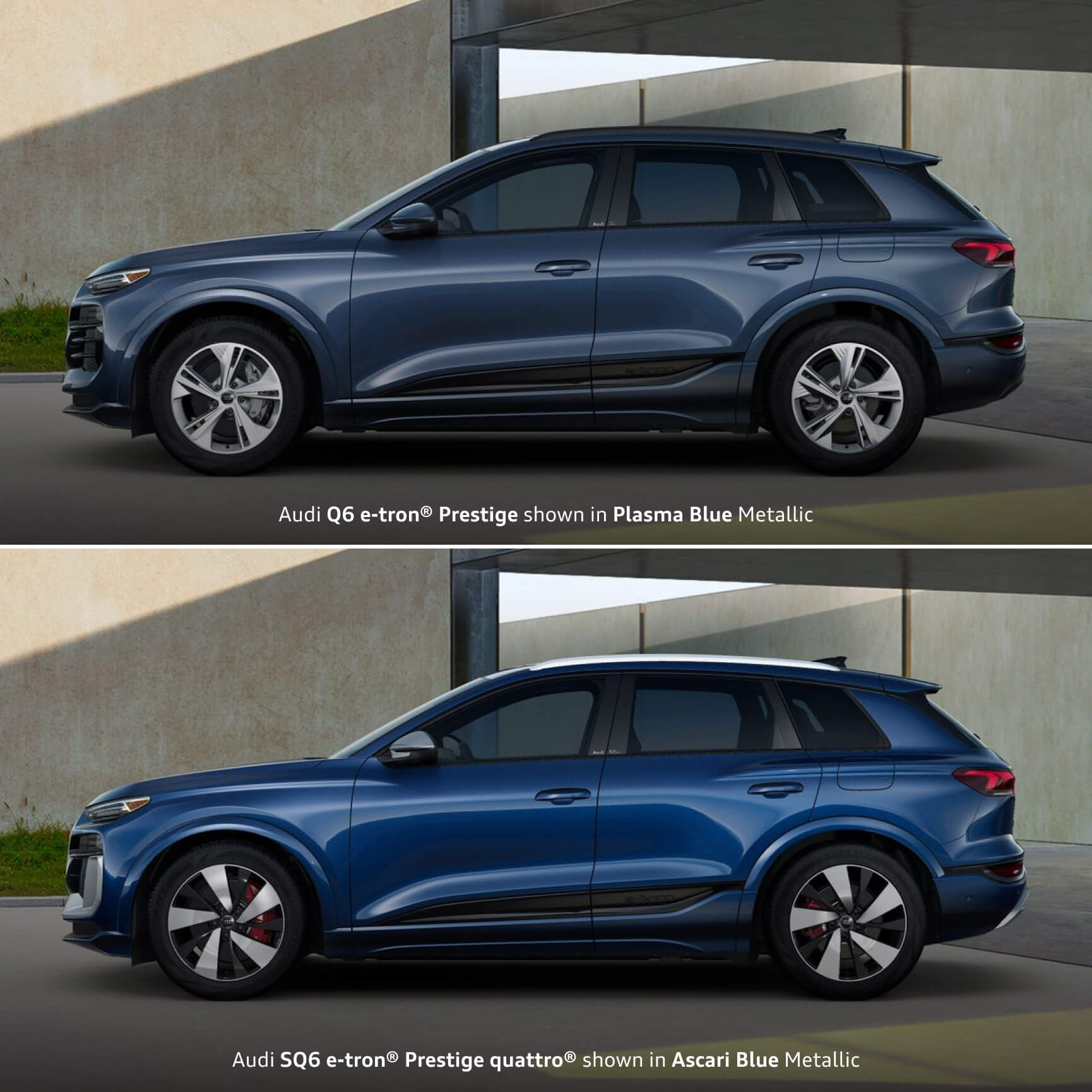 Audi Q6 e-tron® Prestige shown in Plasma Blue Metallic and Audi SQ6 e-tron® Prestige quattro® shown in Ascari Blue Metallic