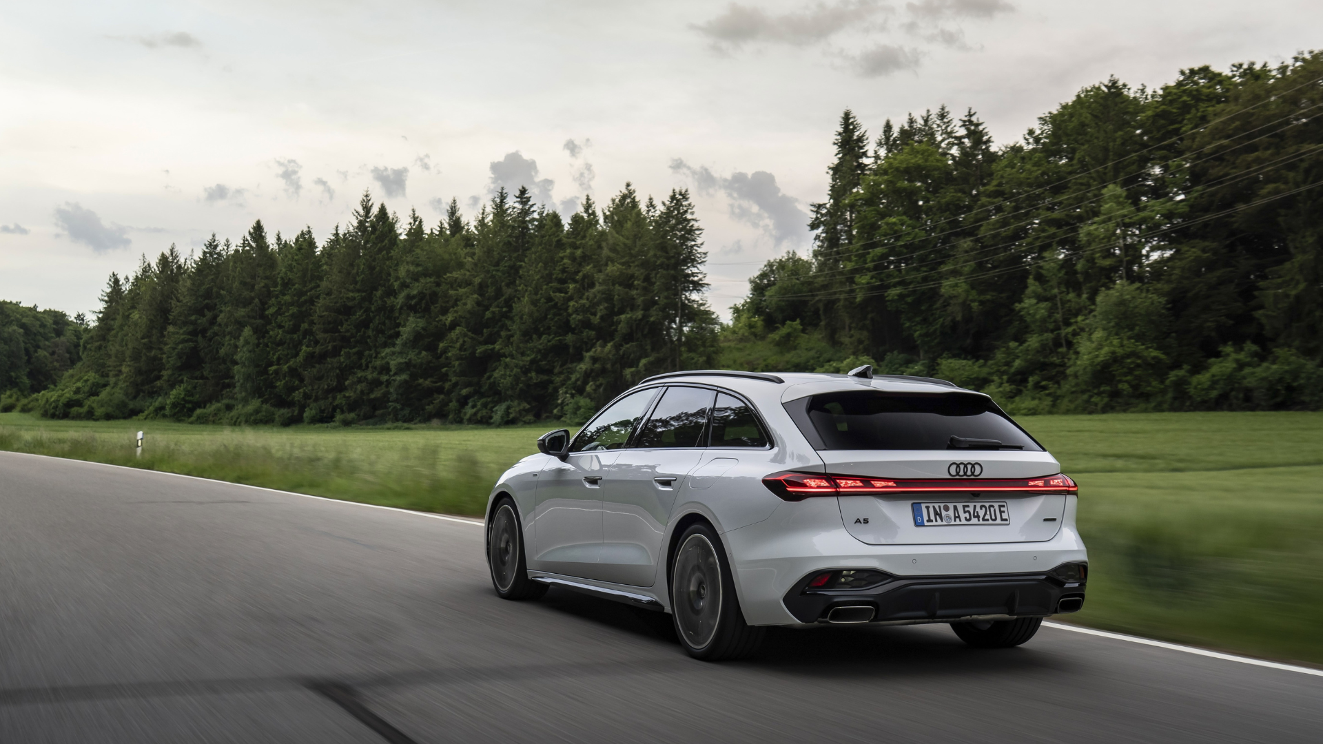 Audi driving by some spruce trees