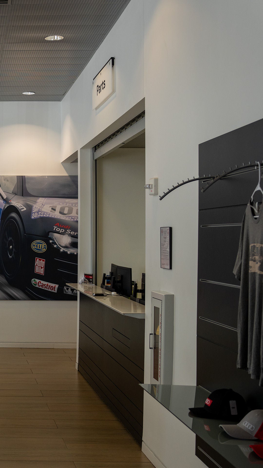 View of the front desk at the Audi Parts Center in Huntsville.