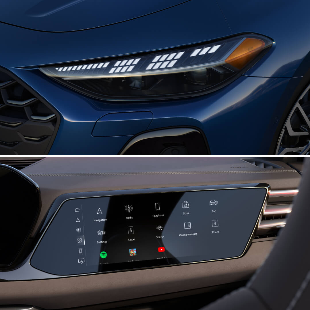 Close-up split view of a blue 2026 Audi S5 LED headlight and the digital infotainment display.