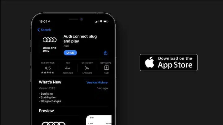 An iPhone displaying the Audi connect Plug and Play app on App Store.